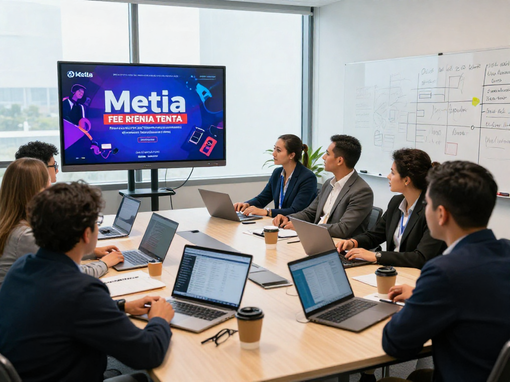 Engaged political campaign strategists discussing meta ads for political campaigns during a meeting.