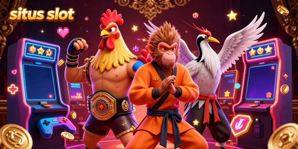 Engage with exciting games at situs slot, showcased by colorful characters and vibrant casino elements.