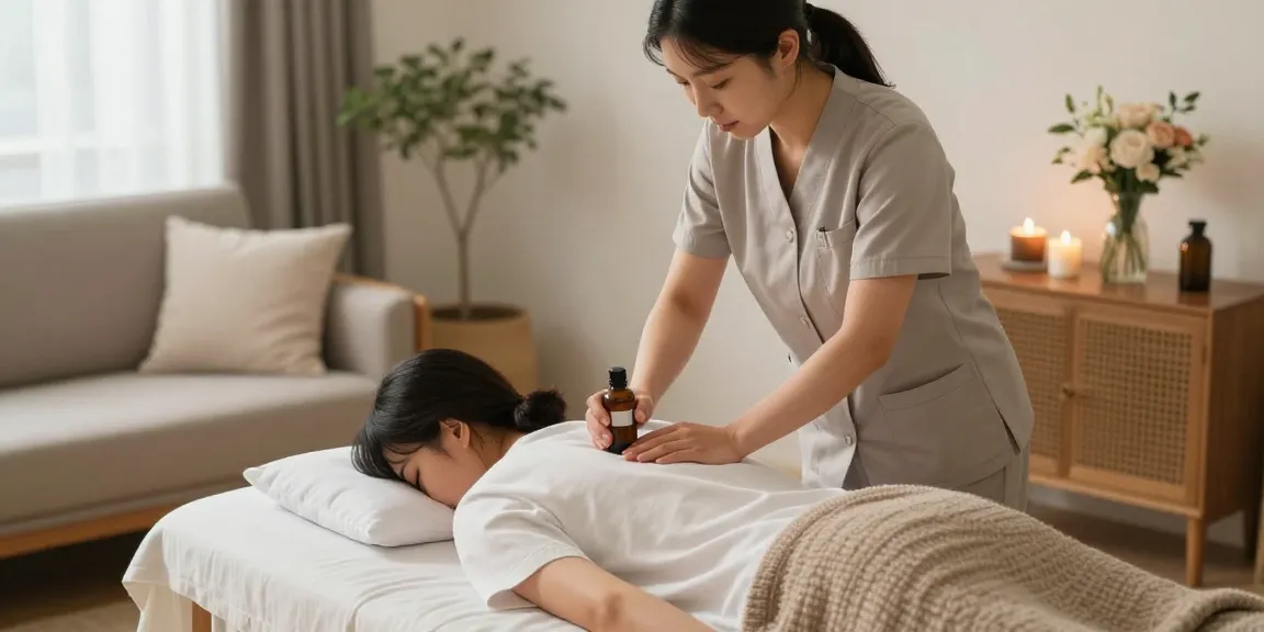 Relaxing 강서구출장마사지 session with a Korean therapist using aromatherapy in a cozy home environment.