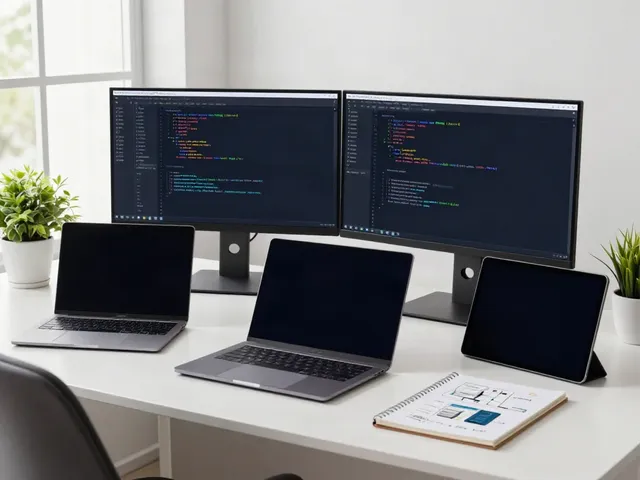 Developer coding on dual monitors in a bright office workspace for v2rayN官网.