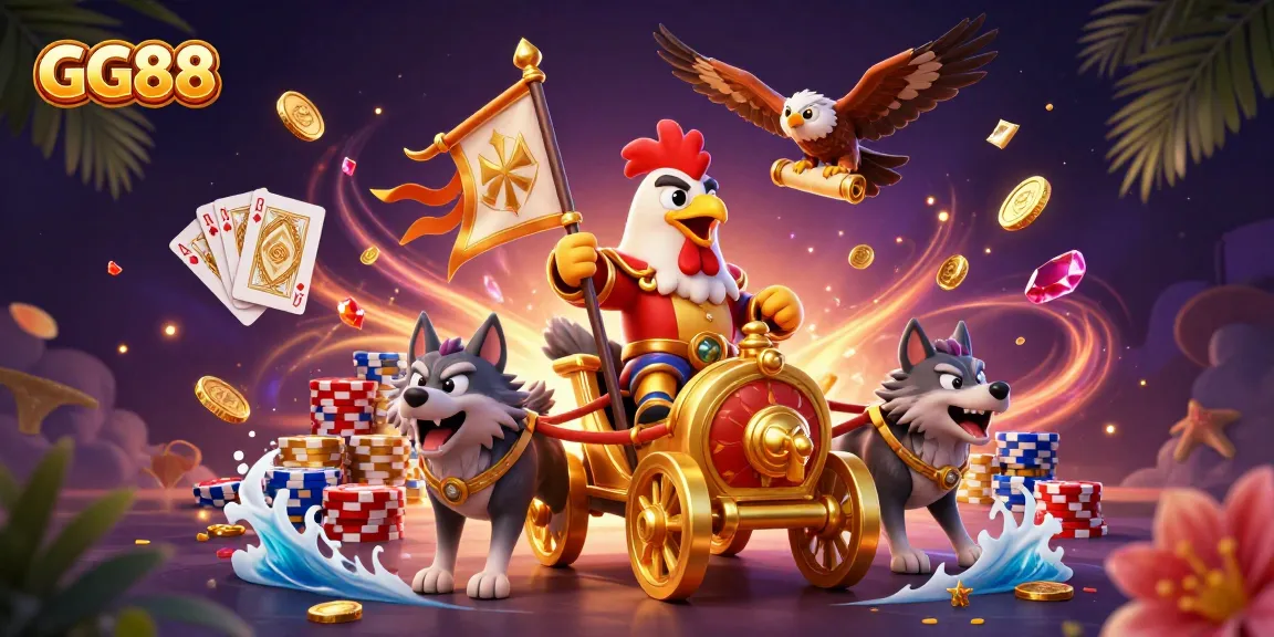Experience thrilling gameplay at GG88 with a dynamic scene of a rooster warlord and battle elements.