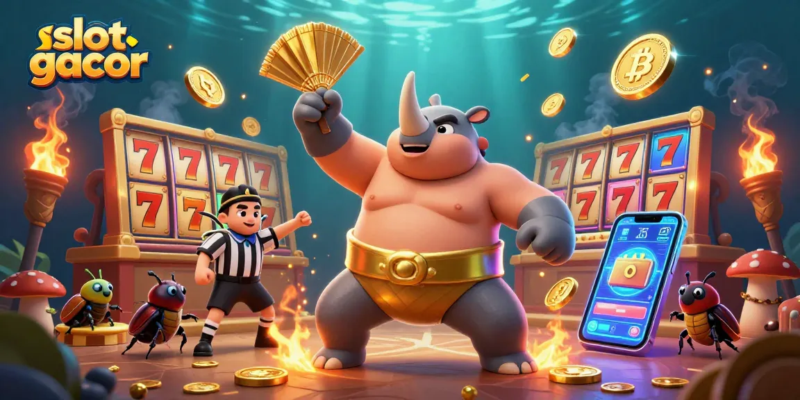 Get ready for slot gacor excitement with a 3D beetle sumo champion amid flying gold coins.