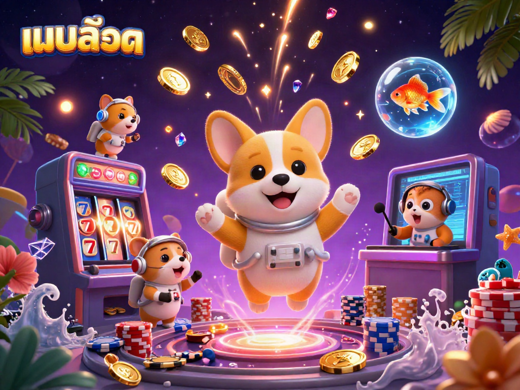 Experience thrilling แบบสล็อต action with a cartoon corgi in a vibrant cosmic casino, surrounded by sparkling elements.