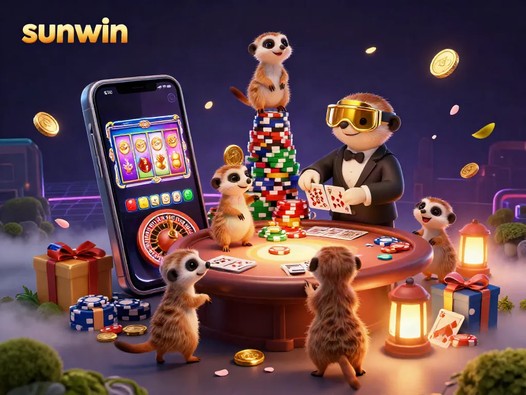 Experience thrilling gameplay at sunwin's vibrant casino, featuring meerkats running the show amidst dynamic slot games and colorful chips.
