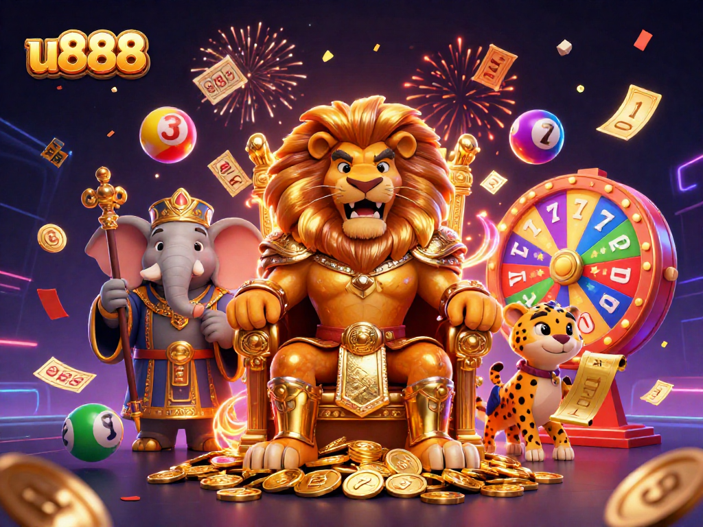 Experience the excitement of u888 with a diverse scene of characters and gaming elements symbolizing fun and fortune.