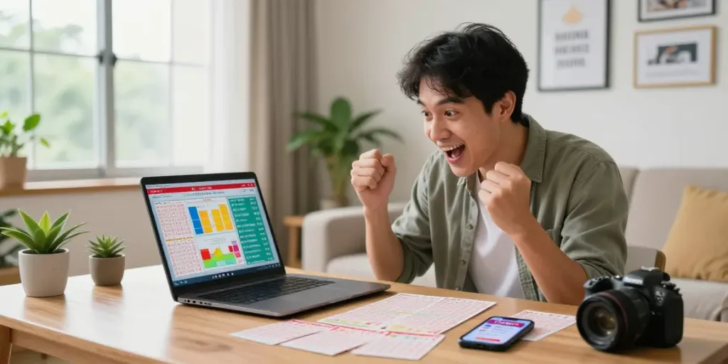Pria memeriksa hasil ceritoto togel dengan antusias di ruang tamu modern.