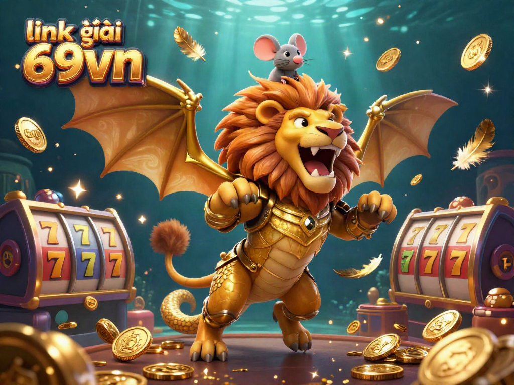 Win big with link vào 69vn at this vibrant casino illustration featuring golden chimera and slot machine elements.