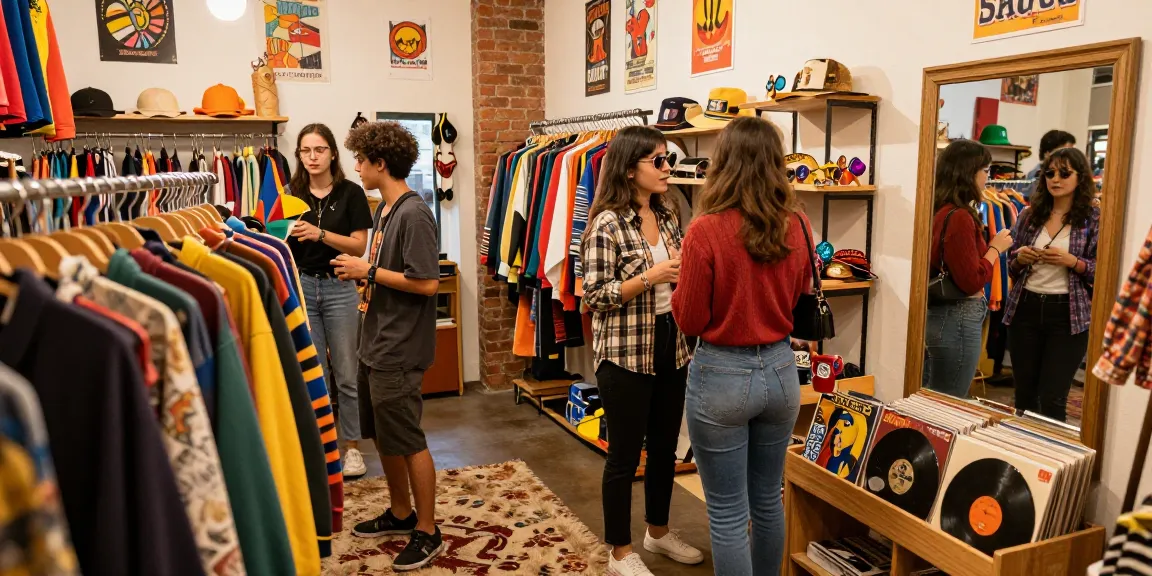 Exploring rokok88 vintage fashion trends in a colorful clothing store.