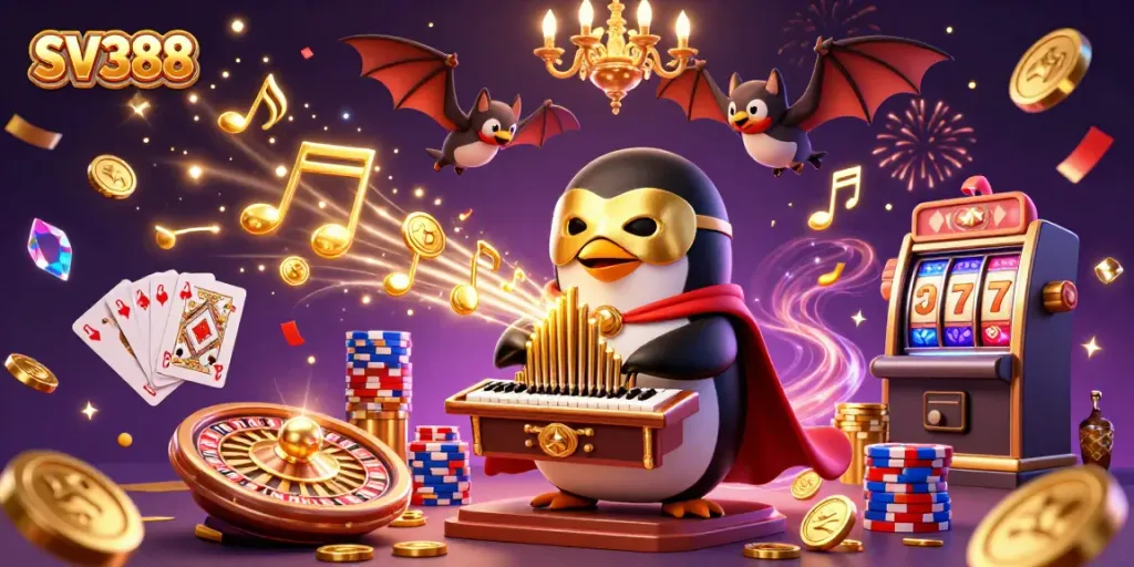 Experience exciting gameplay with SV388 at a lively casino scene featuring colorful characters and dazzling effects.