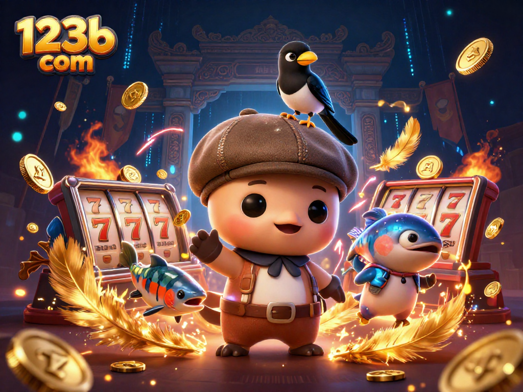 Engage with thrilling games at 123b com amidst vibrant visuals of cartoon characters and gold coins.