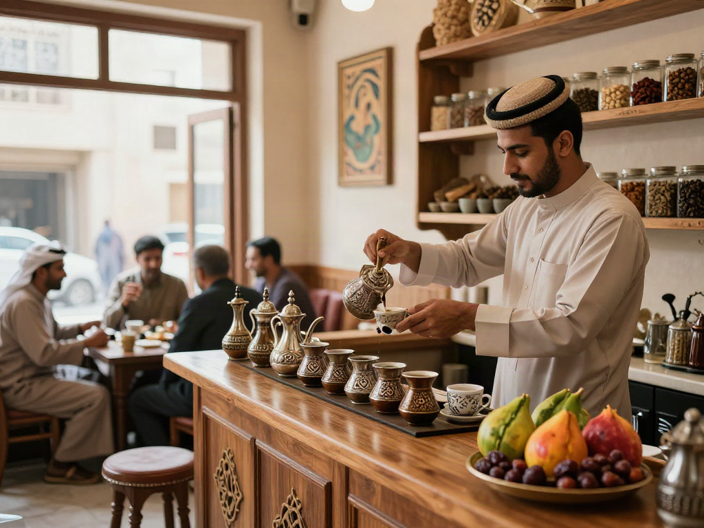 قھوجیین وصبابین الریاض في مقهى تقليدي يعكس الضيافة العربية مع إعداد القهوة وأجواء دافئة.