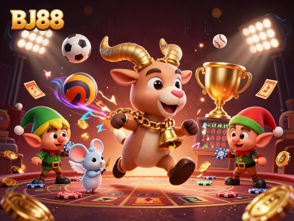 BJ88 captures thrilling casino excitement with Krampus, angel mouse, and gremlins in a dynamic scene.