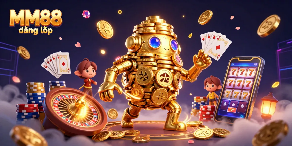 Join the fun at MM88 đăng nhập with a dynamic casino atmosphere featuring gold coin sprites and slot machines.