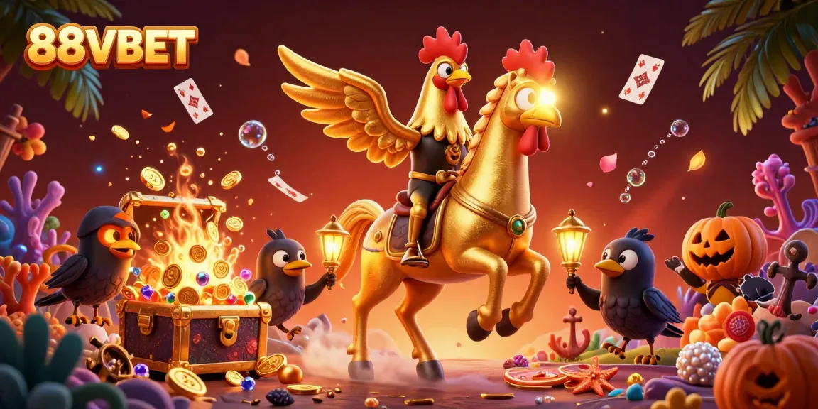 Experience the thrill at 88VBET with a vibrant casino scene featuring a golden rooster and glowing treasures.