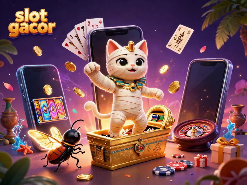 Ilustrasi slot gacor yang menunjukkan kucing mummy 3D dan scarab di kasino piramida.