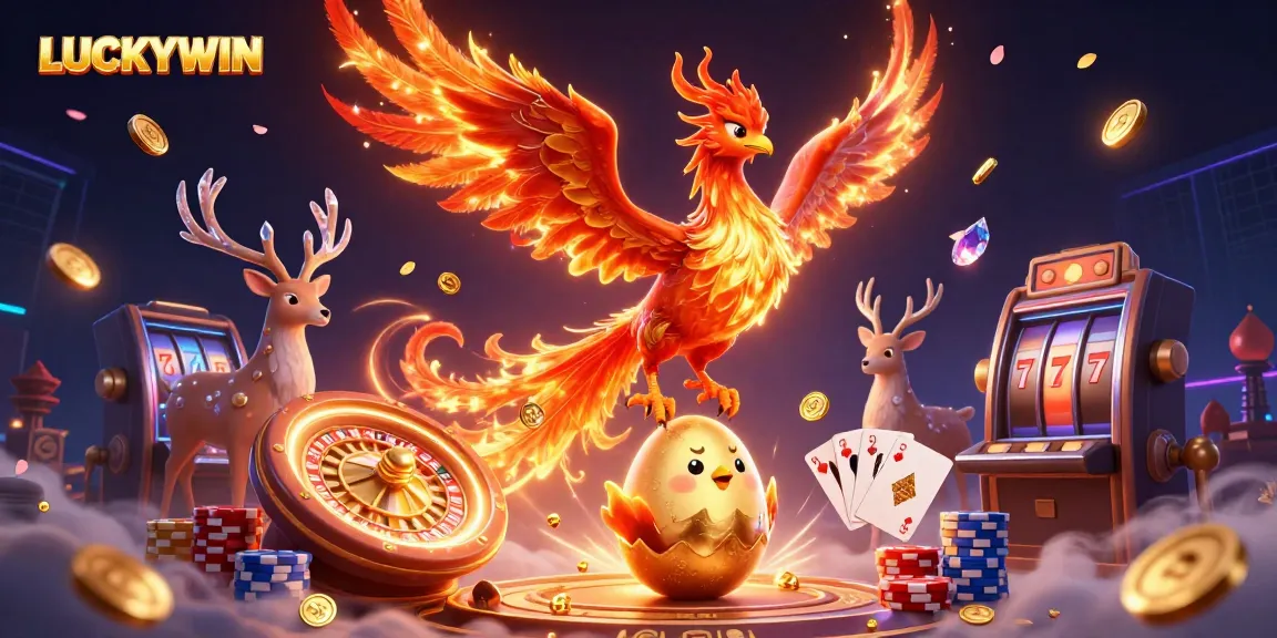 Experience gaming excitement with LUCKYWIN's dynamic casino scene featuring a fire phoenix and treasures.