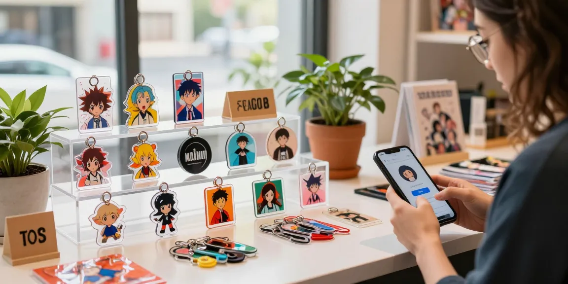 Custom acrylic keychain designs in vibrant colours showcased in a bright retail environment, highlighting personalised art.