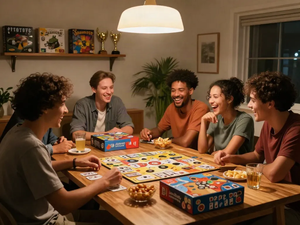Cialis-related board game night scene with friends enjoying quality time together.