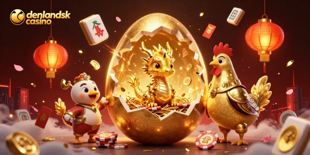 Experience the excitement of udenlandsk casino with a golden dragon and poker chips in a vibrant 3D digital scene.