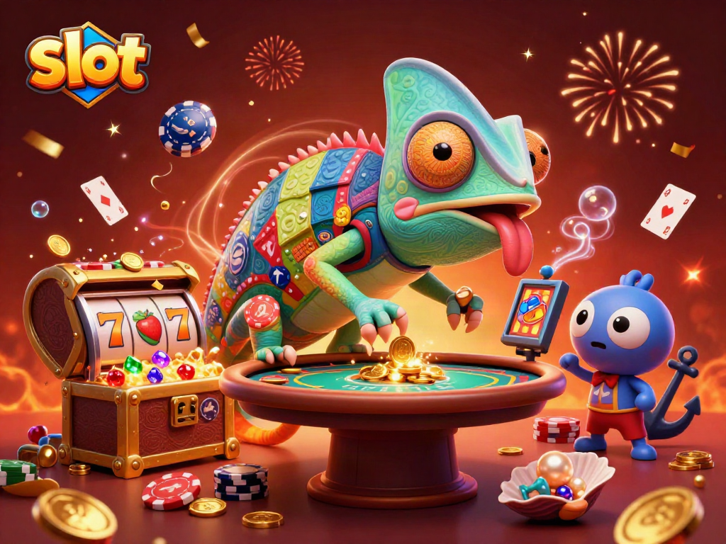 Engaging slot scene with a colorful chameleon casino owner and vibrant game elements bursting with excitement.
