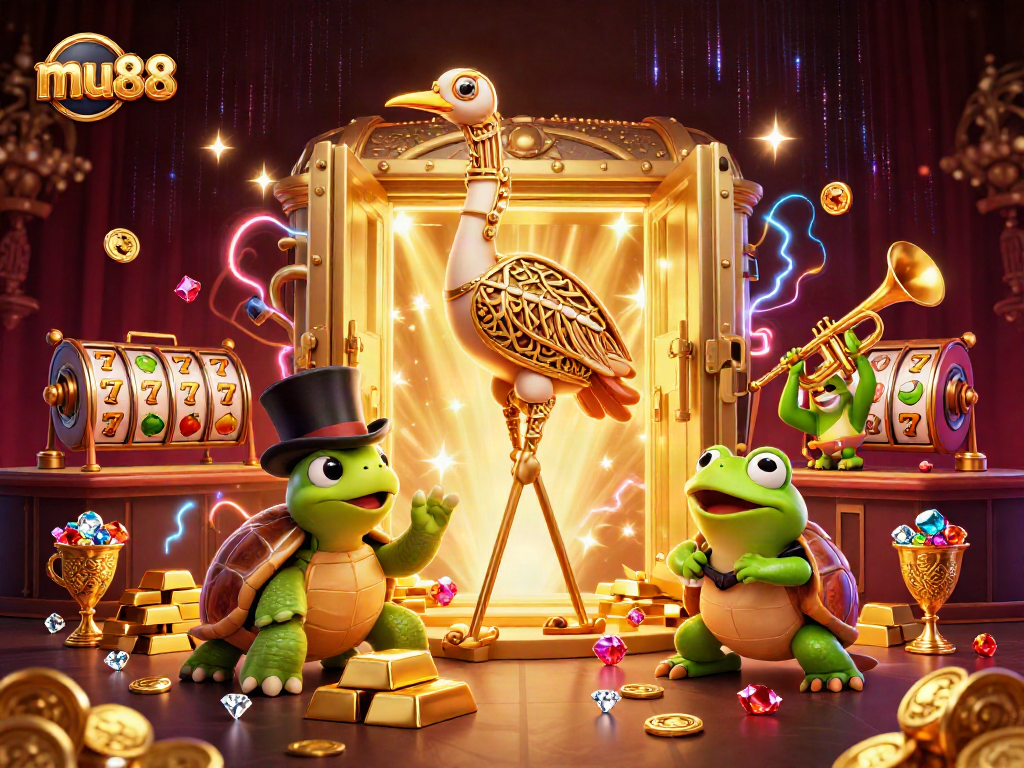 mu88 showcases a bustling casino scene with vibrant characters and gold treasure elements.