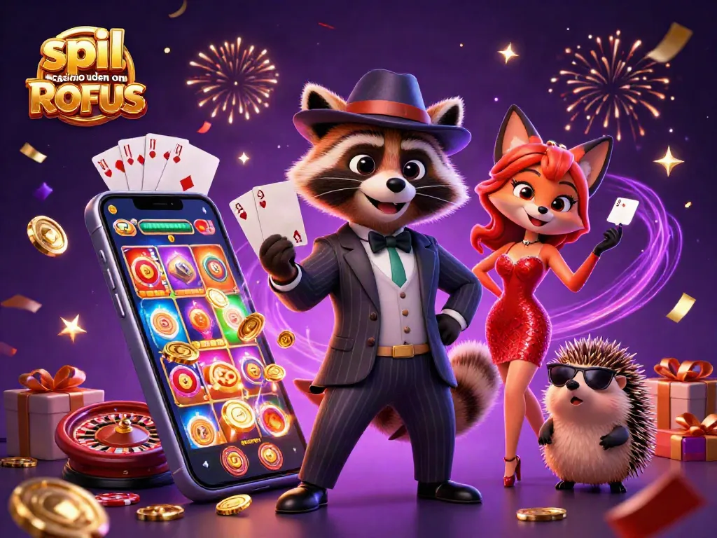 Experience a thrilling scene of spil casino uden om ROFUS with a raccoon showing a royal flush alongside a stylish fox.