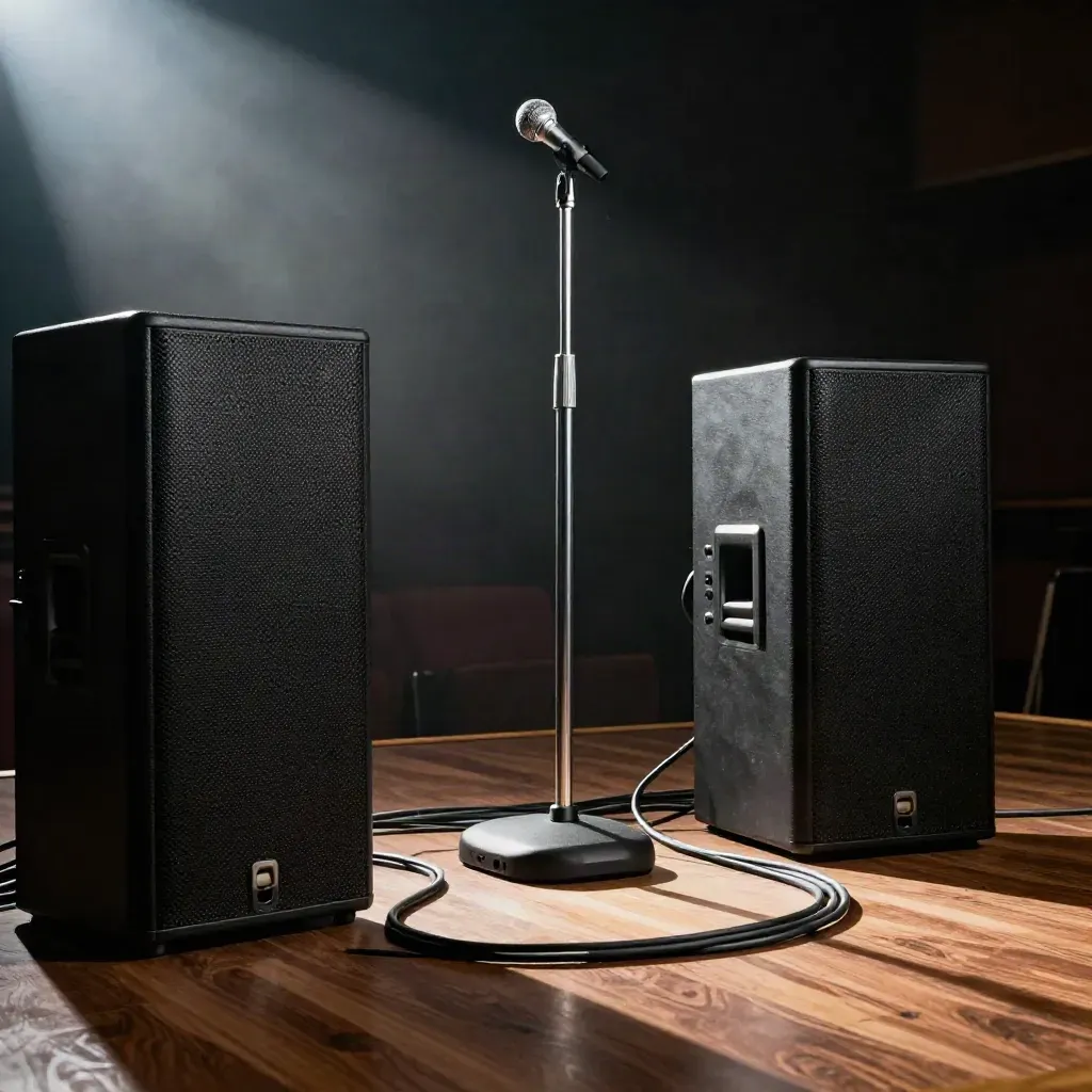 Floor-level event sound setup with speakers, mic stand, cables and subwoofer in a hazy room.