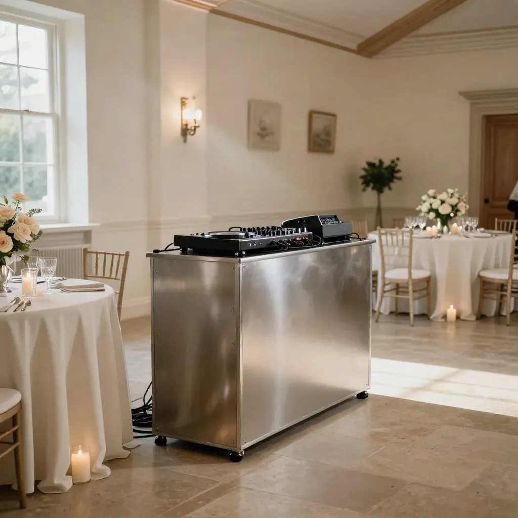 Elegant wedding reception with DJ booth, candlelit tables, florals, and open dance floor.
