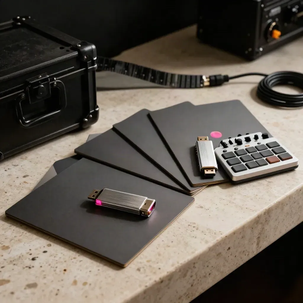 Travertine DJ prep ledge with fanned vinyl sleeves, USB drives, cue lights, and a compact sampler.