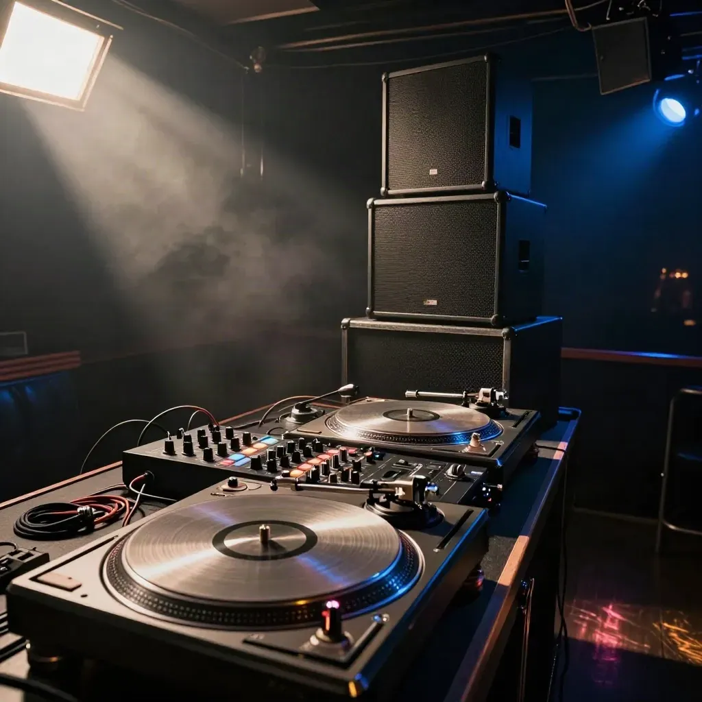 Club DJ booth with turntables, mixer and speaker stacks glowing in haze