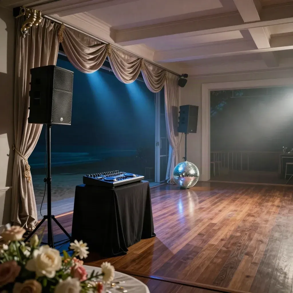 Empty wedding ballroom DJ setup with speakers, disco ball, blue uplights and polished dance floor.