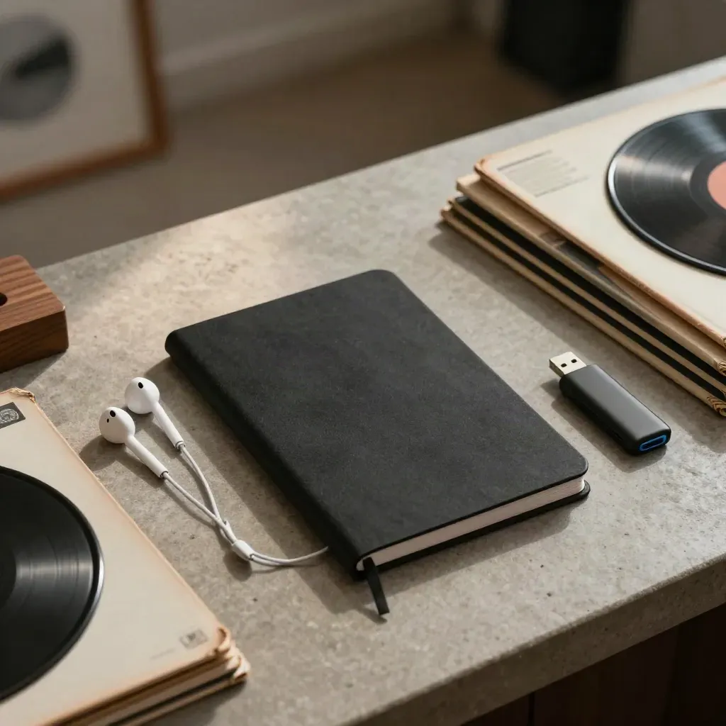 Closed notebook, earbuds, USB drive and record sleeves on a stone counter, overhead still life.