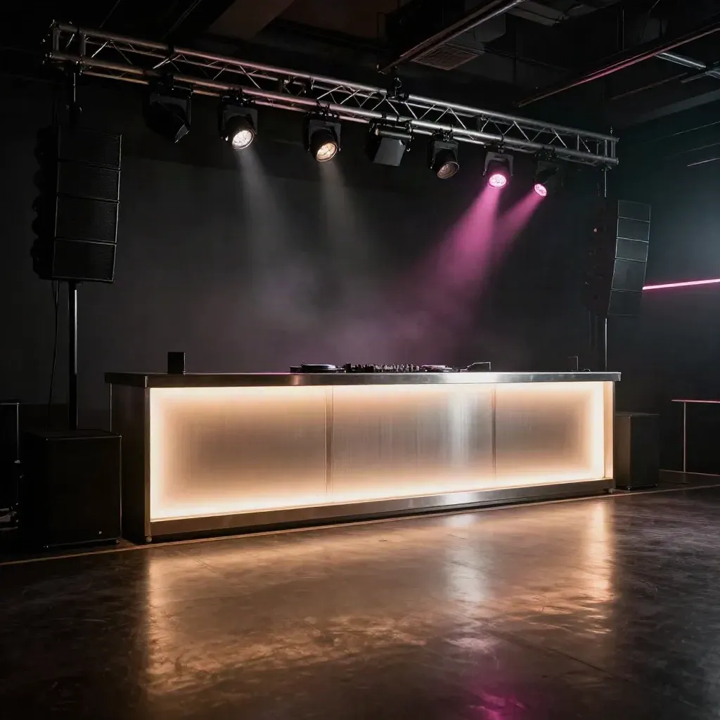 Empty club interior with glowing booth, speaker stacks, and pink-lit floor pools
