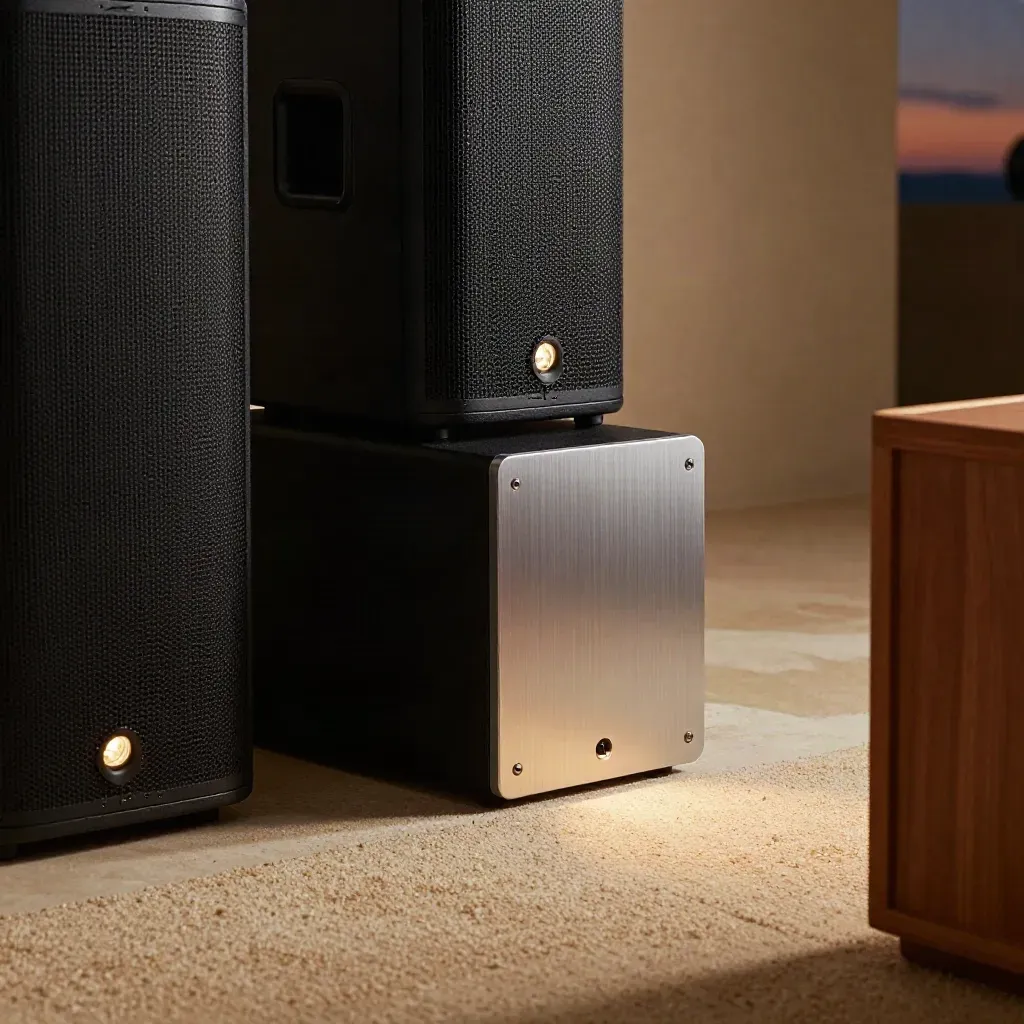 Empty house-party room with compact speakers, subwoofer and glowing uplights in warm haze.
