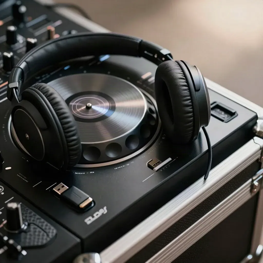 Macro of DJ controller, headphones, USB drives and slipmat on a flight case
