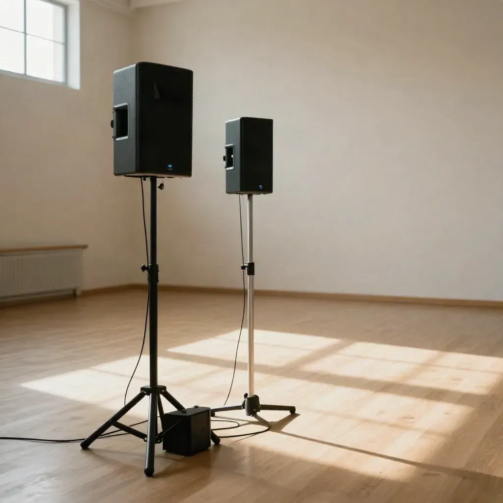 Empty venue hall with two mics, paired speakers, and hidden cables ready for an event.