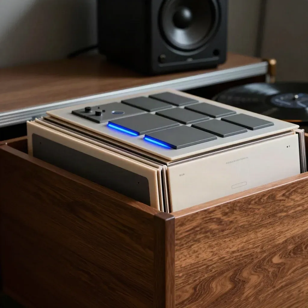 Vinyl crates, cue sleeves, sampler and studio monitor in dramatic low light.
