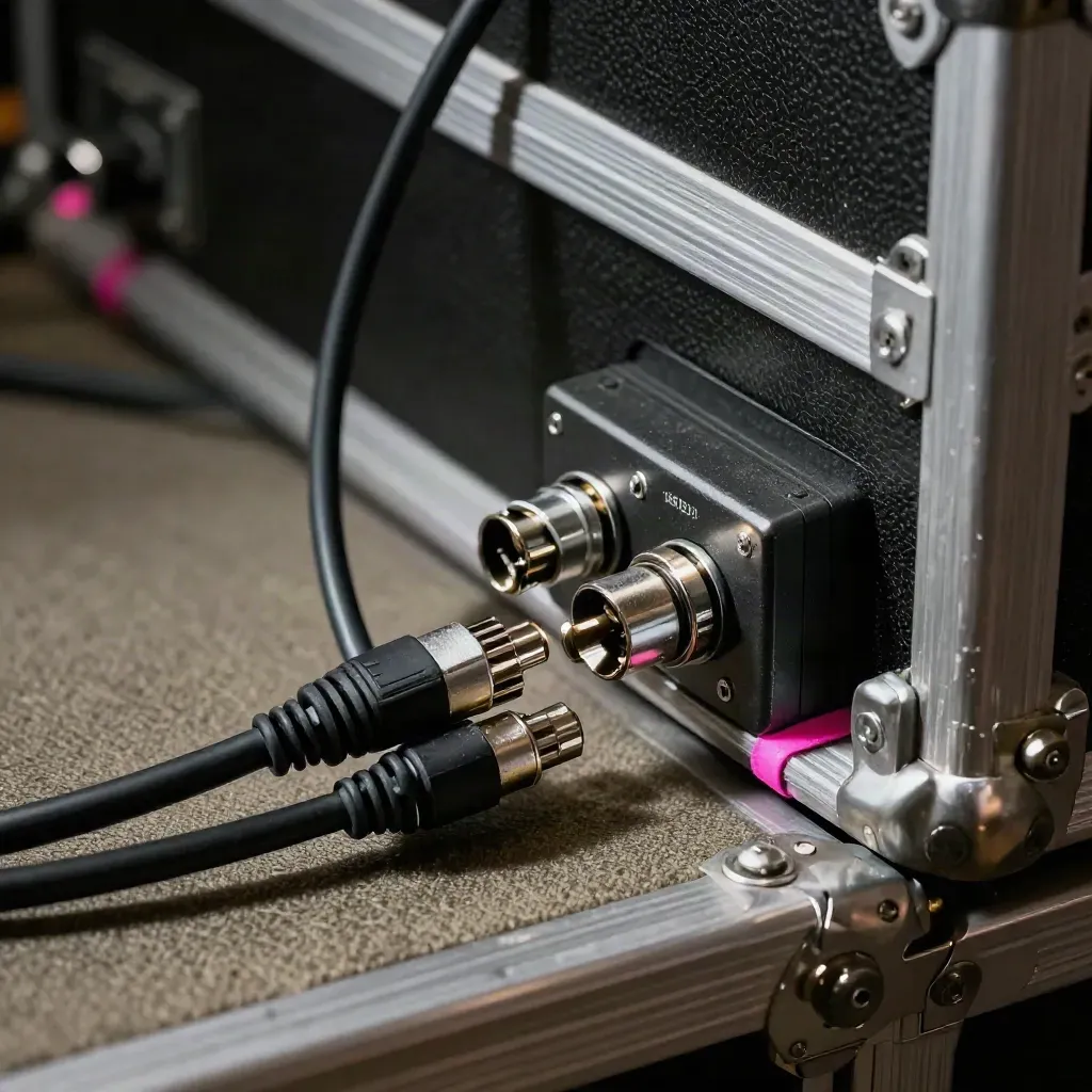 XLR snake, DI box and patch cables in a moody macro close-up