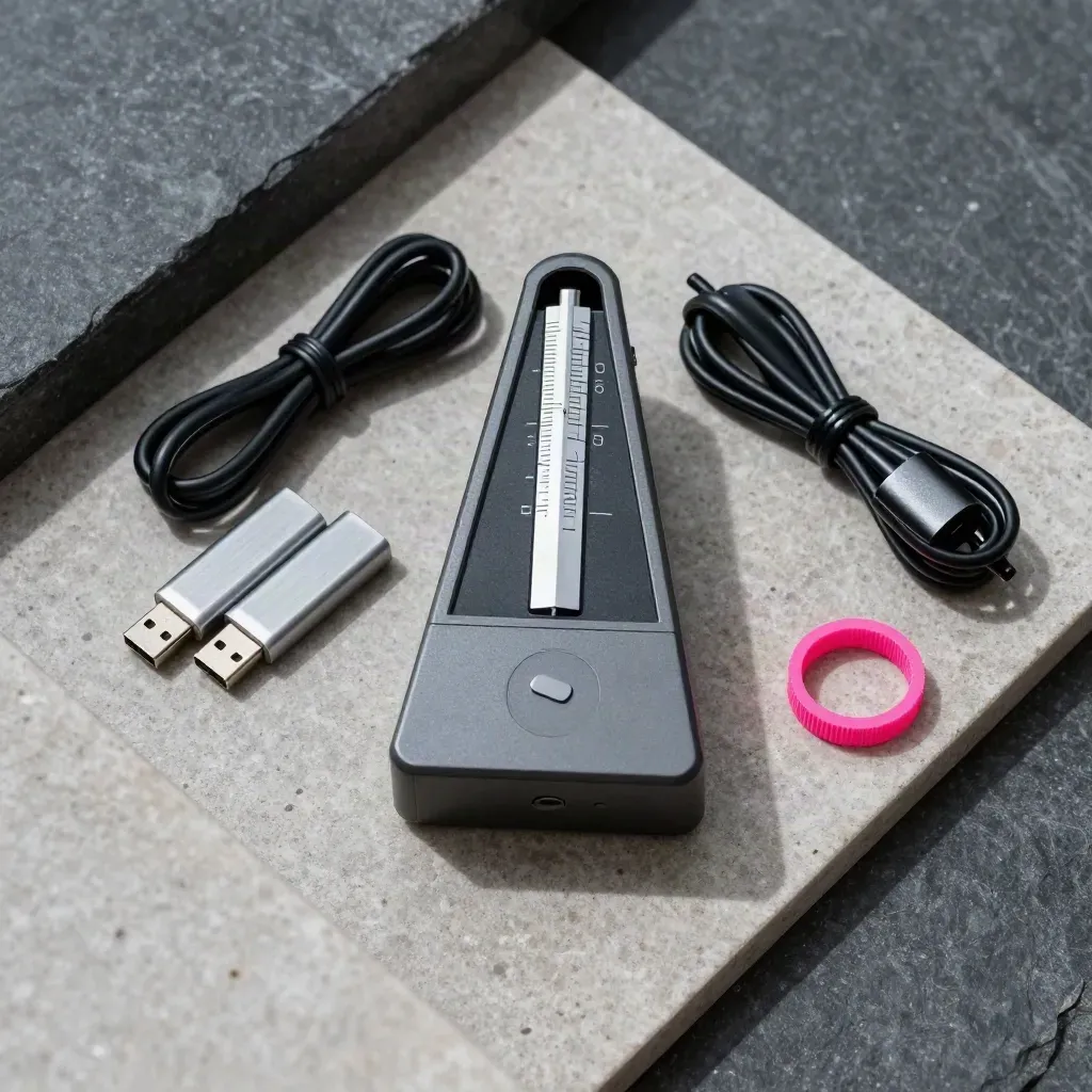 Overhead DJ cue tools on stone: metronome, USB sticks, cable ties, and adapter.