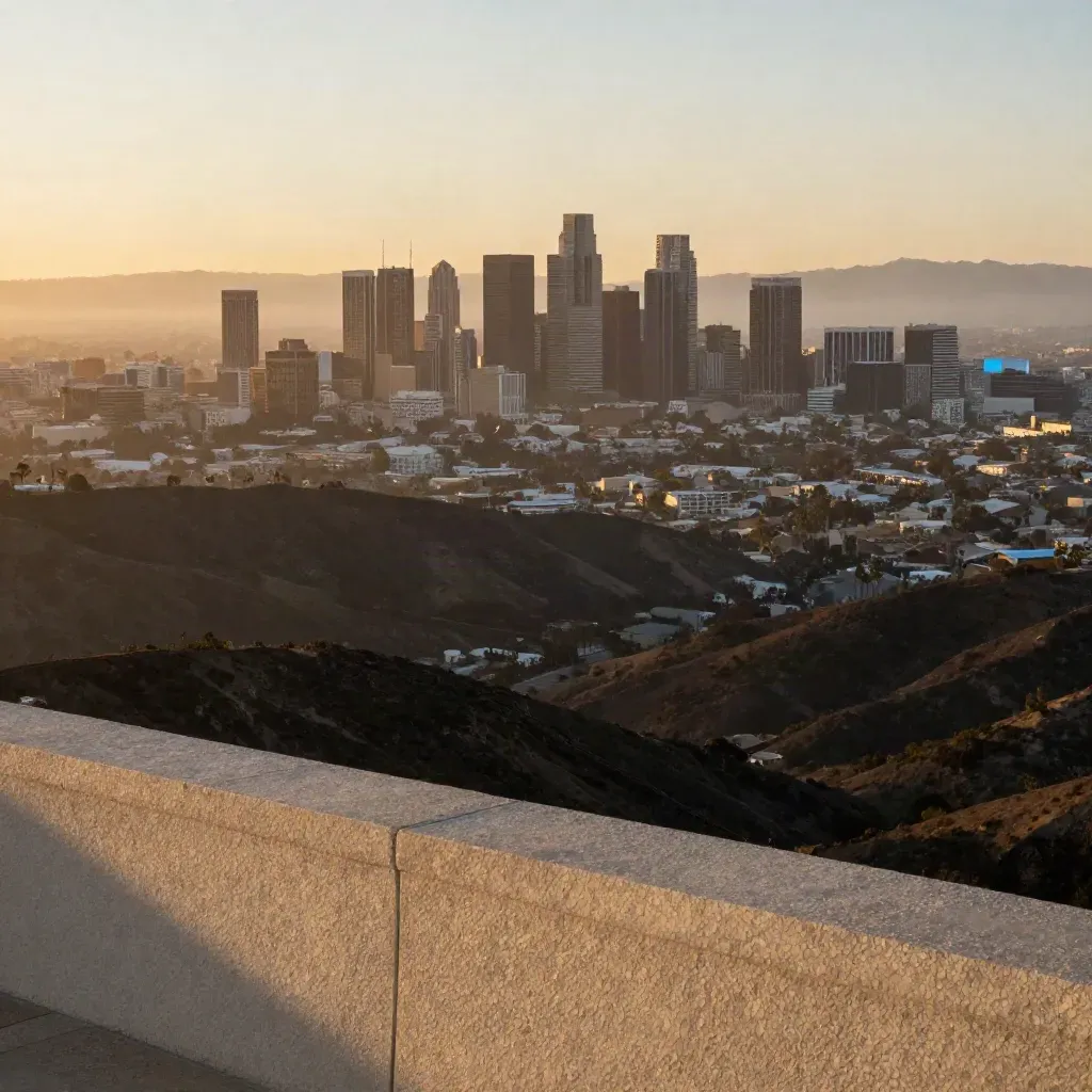 Los Angeles skyline glows above a hazy basin and dark hills at golden hour.