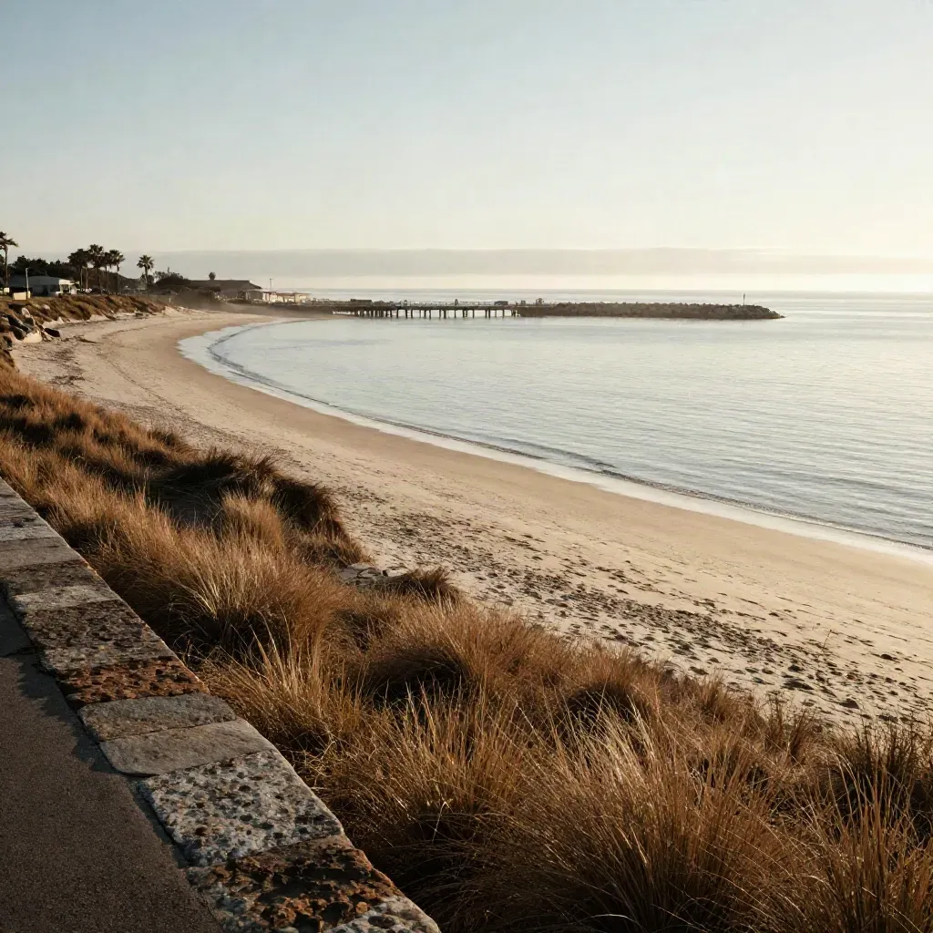Hazy Orange County coast with a distant pier, calm water, and pale sand under warm late light.