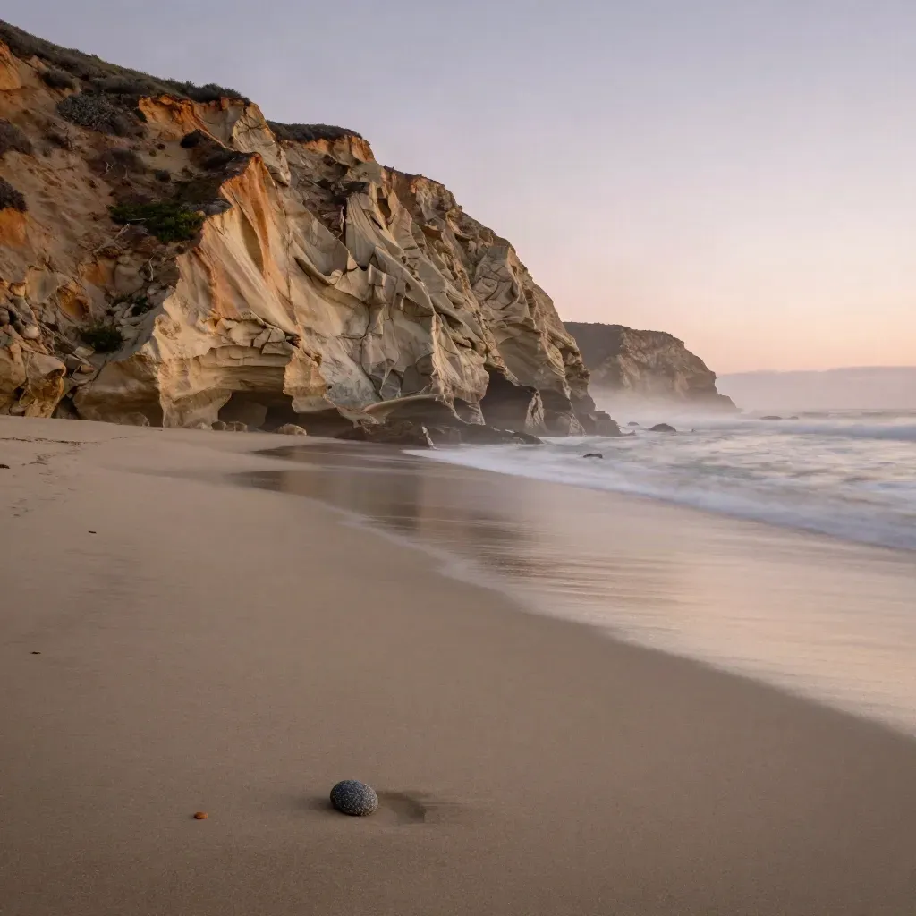 Misty San Diego County cliffs above the Pacific at sunset with open shoreline and low haze