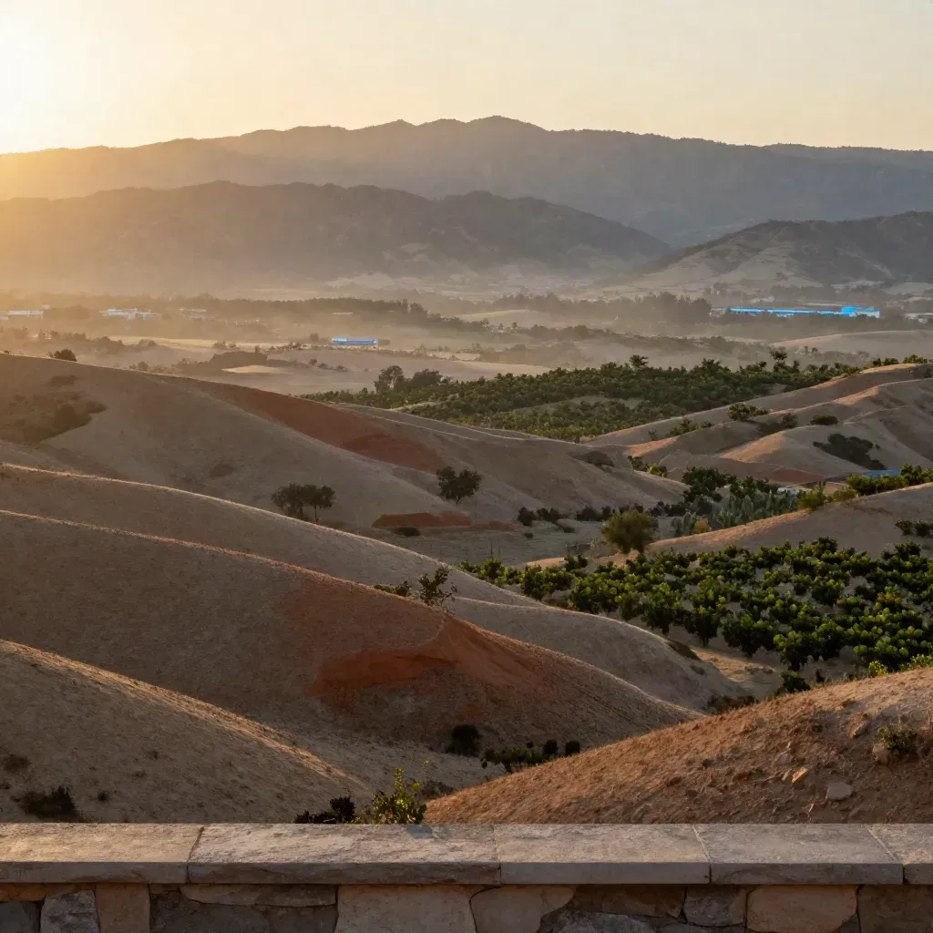 Dry Inland Empire foothills, citrus groves, and hazy mountains under a golden evening sky.
