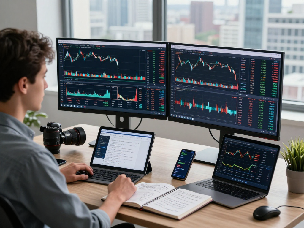 Trader using TradingView software in a modern workspace analyzing market trends through advanced financial charts.