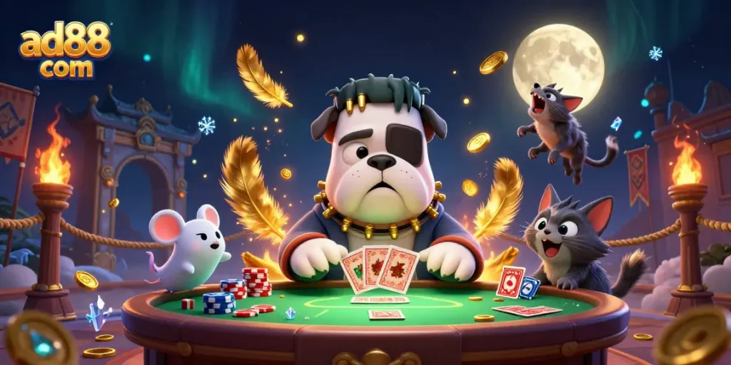 Engage in thrilling gameplay at ad88 com with a dynamic casino scene featuring vibrant characters and rich gaming elements.