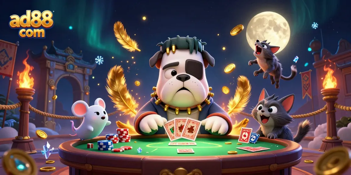Engage in thrilling gameplay at ad88 com with a dynamic casino scene featuring vibrant characters and rich gaming elements.