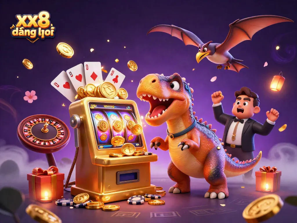 Catch massive winnings at xx8 đăng nhập with vibrant casino-themed 3D illustration of a jackpot.