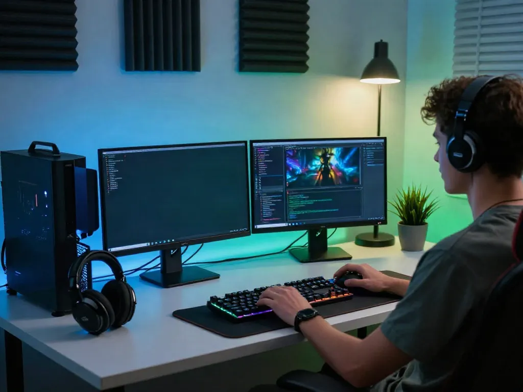 G15Tools technology workspace with dual monitors, gaming headset, and vibrant setup.