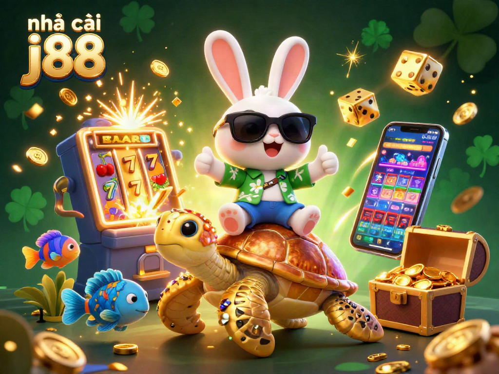Experience vibrant gaming action with nhà cái j88, featuring an energetic scene of a lucky rabbit and turtle.