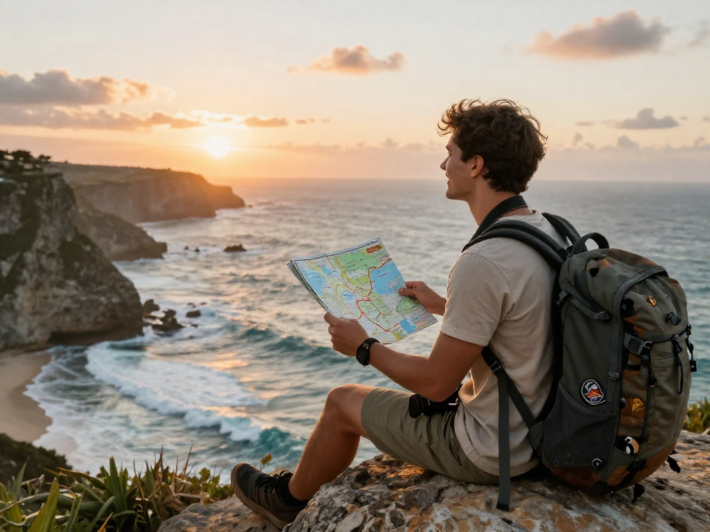 Traveler enjoying lavowin login for travel tips at a coastal overlook during sunset.